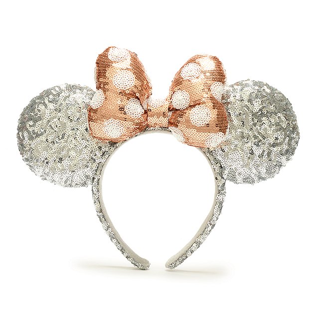Diadema con orejas Minnie Mouse para adultos, lazo con lentejuelas rosa dorado y plateado, Walt Disney World